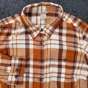 Duluth Flannel Button Down Shirt Womens Medium Burnt Orange Plaid Long Sleeve